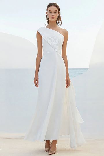 One Shoulder White Pleated Chiffon Formal Dress